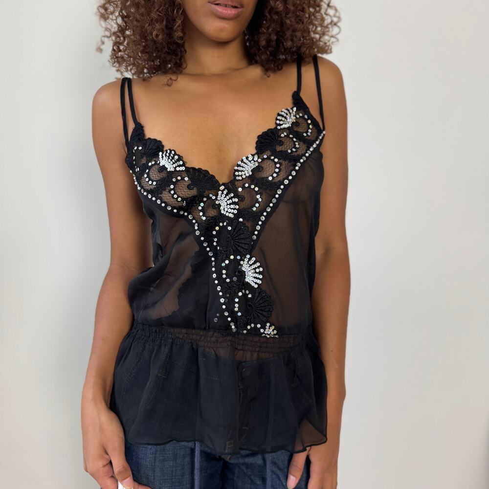 Vintage Italian Black Sheer Mesh Sequin Floral Beaded Cami Top (S/M)